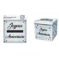 Urna in cartoncino bianco metallizzato "Joyeux Anniveraire"( buon compleanno) con scritta nero