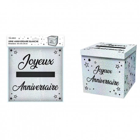 Urna Anniversario in metallo bianco con scritta multicolore.