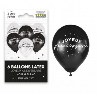 Beutel mit 6 Joyeux Anniversaire-Latexballons, weißchwarz