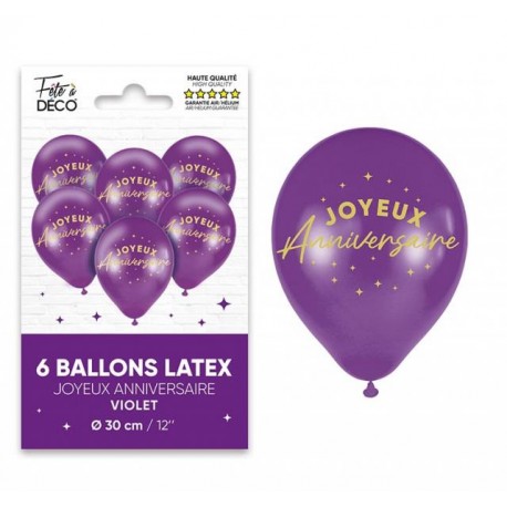 Beutel mit 6 Joyeux Anniversaire-Latexballons, violett