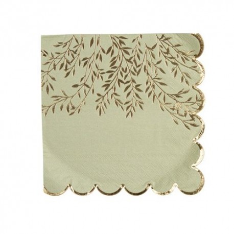 16 Serviettes Jolis Brins Papier vert sauge et Or 33x33cm - 3 Plis