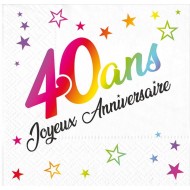 24 Serviettes, 40 Ans, 3 plis, 33 x33 cm multicolore