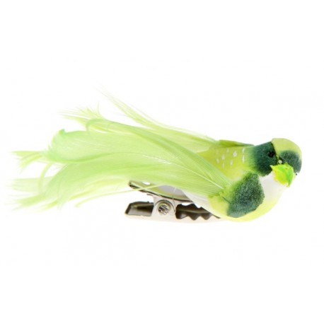 Petit oiseau sur pince , plumes, 6,5 x 1,8 cm, boîte de 4 pièces, vert