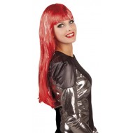 Perruque Glamour rouge cheveux longs, lamé argent