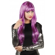 Perruque Glamour violet cheveux longs, lamé argent