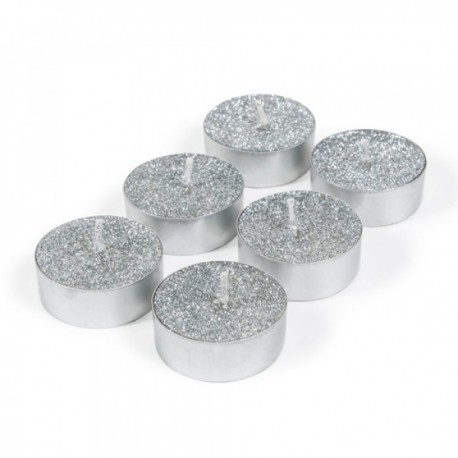 Set de 6 bougies chauffe plat, ø 3.5 cm, argent pailleté